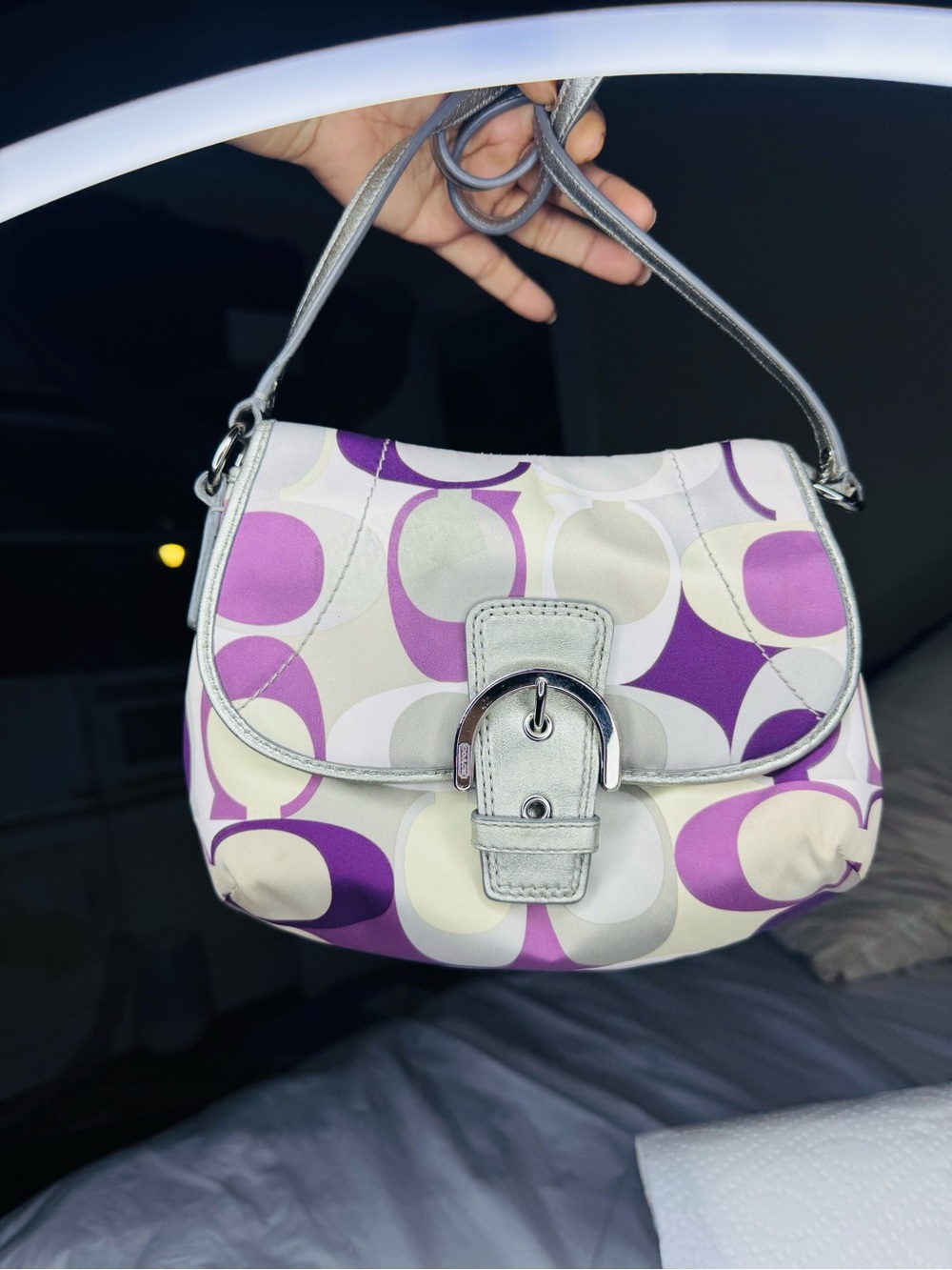 Coach Purple Circle-Print Shoulder Bag with Silver Trim